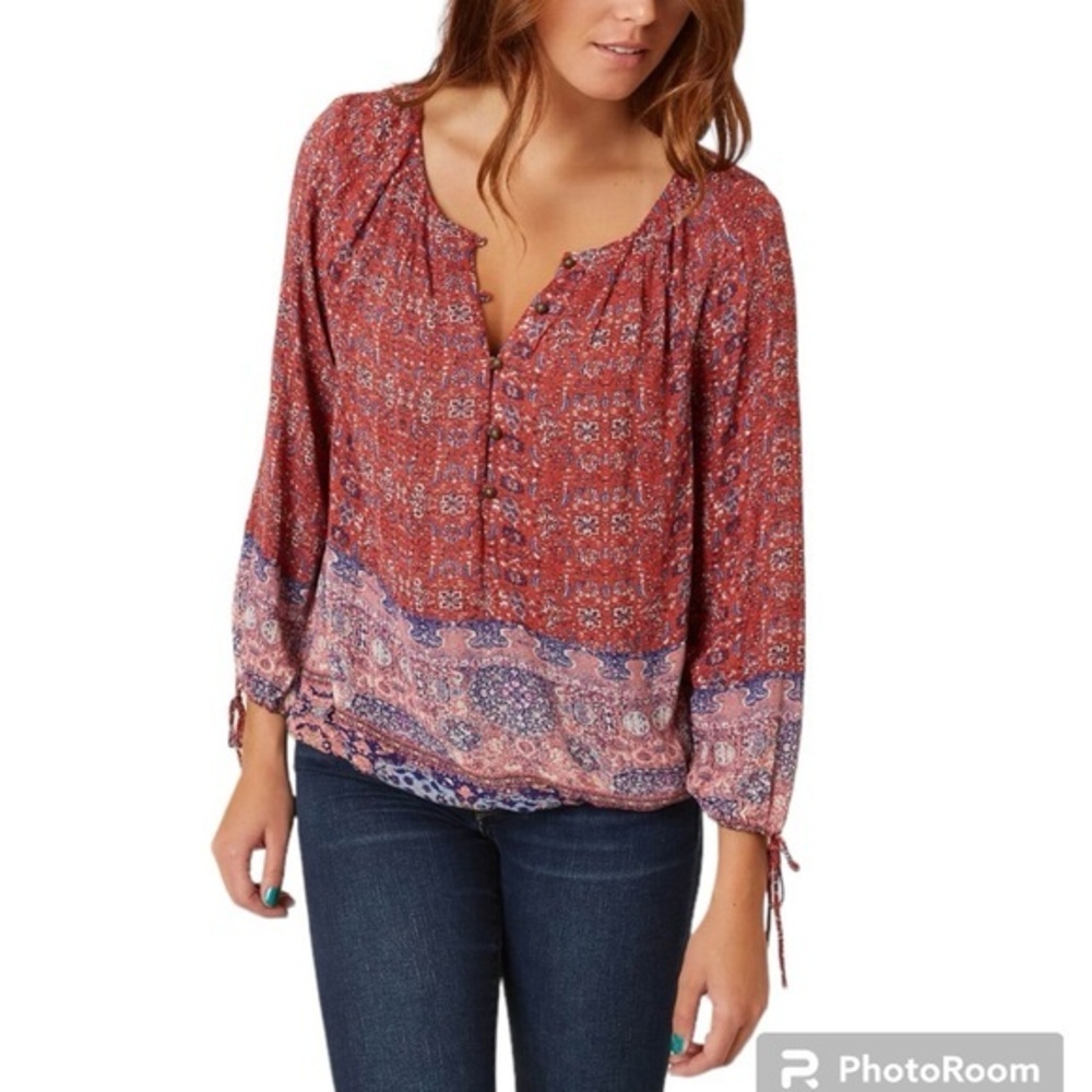 Lucky Brand Tapestry Patterned Henley Blouse